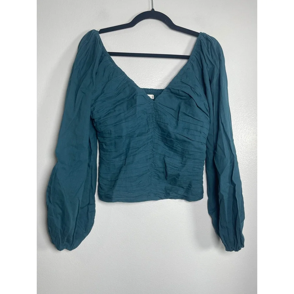 ABERCROMBIE & FITCH Ruched V-Neck Puff Sleeve Smocked Cotton Top Medium Teal NEW